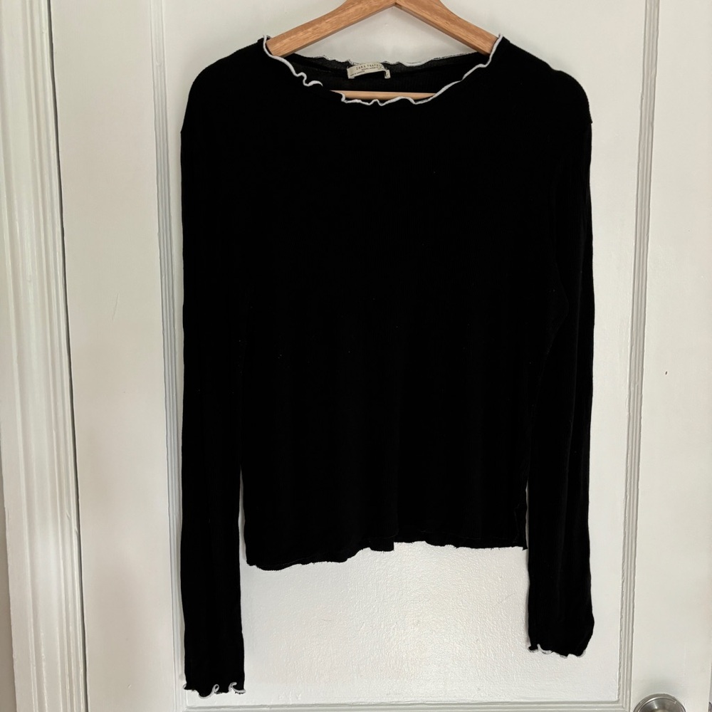 Zara black long sleeve fitted top with contrast ruffled hems size large